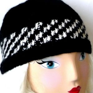 Fair Isle Black & White Alpaca Wool Hand Knit Beanie Hat OOAK